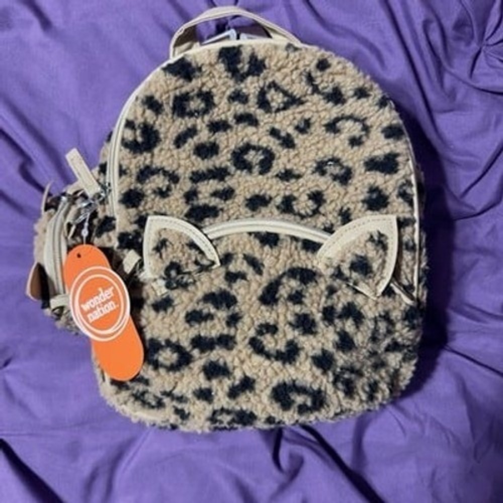 Girls Kitty Cat Plush Backpack – Leopard Print Faux Fur Kawaii Animal School Bag